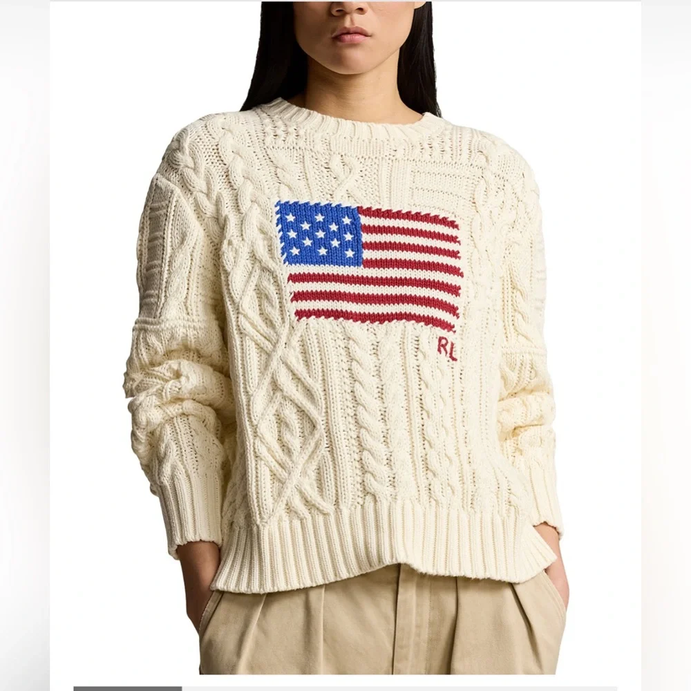 Ralph Lauren Aran-Knit Flag Cotton Sweater - Picture 1 of 8